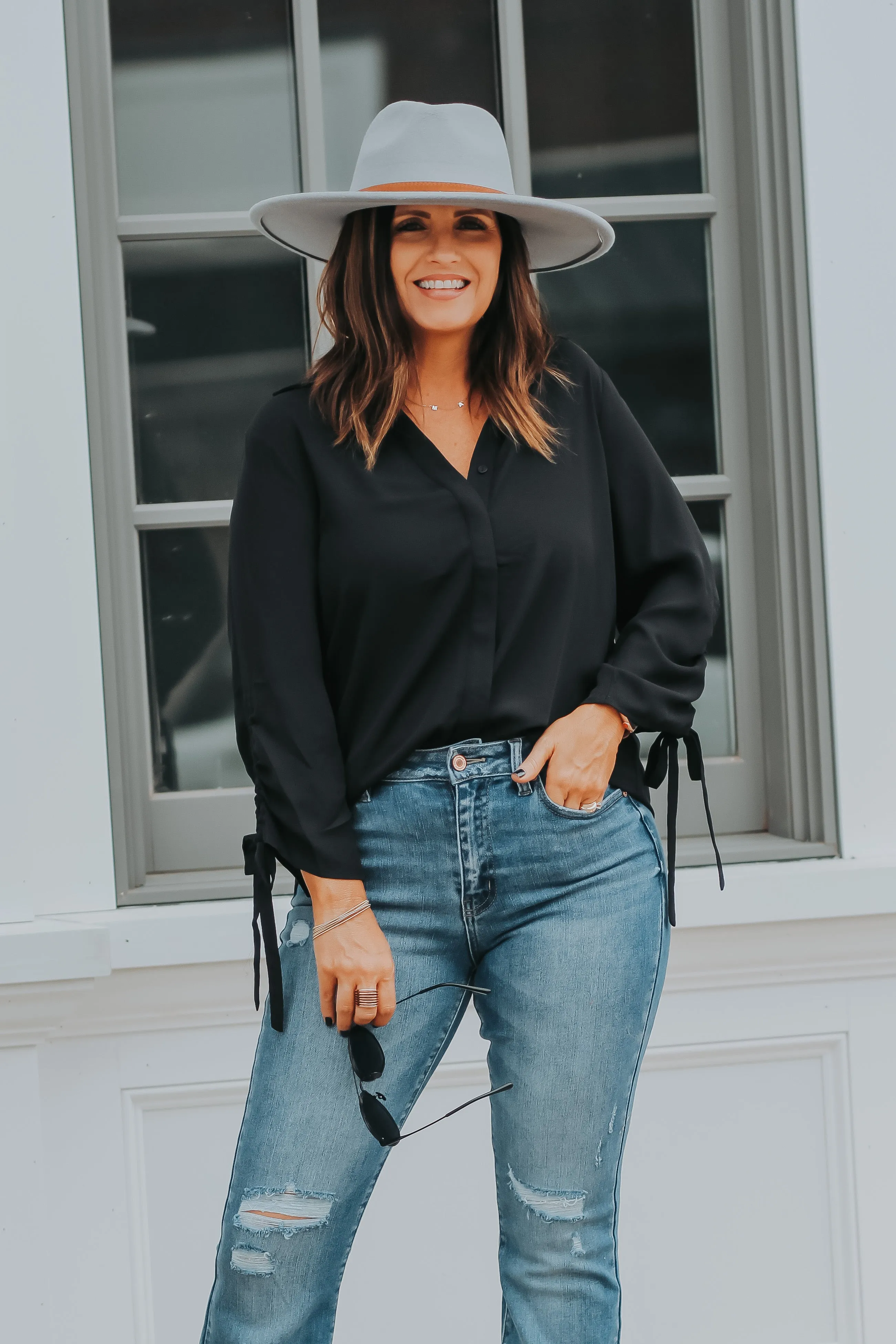 Black Tie Sleeve Button Down Blouse