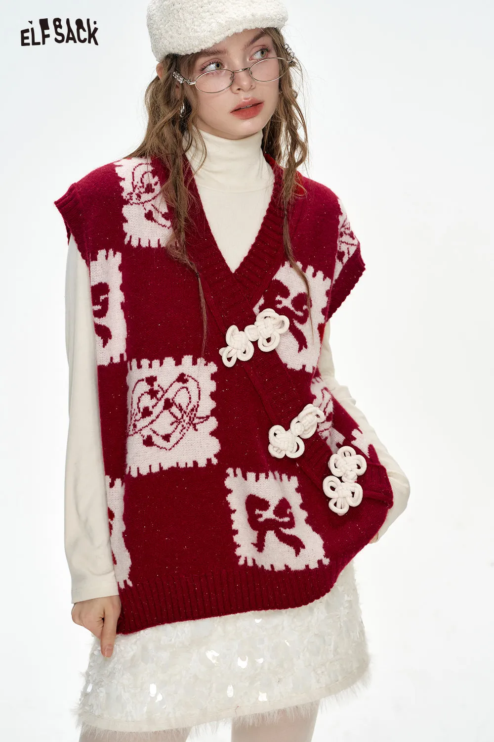 ELFSACK 2024 Winter New Arrivals Neo-Chinese style red cartoon jacquard frog knitted vest