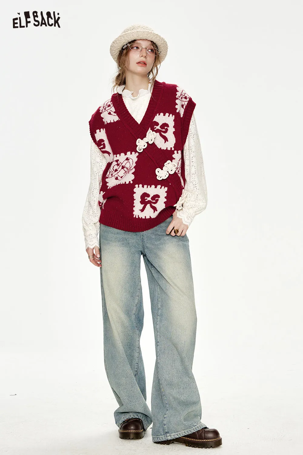 ELFSACK 2024 Winter New Arrivals Neo-Chinese style red cartoon jacquard frog knitted vest
