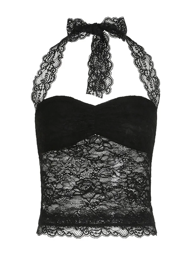 Pleated Halter Lace-up Lace Camisole