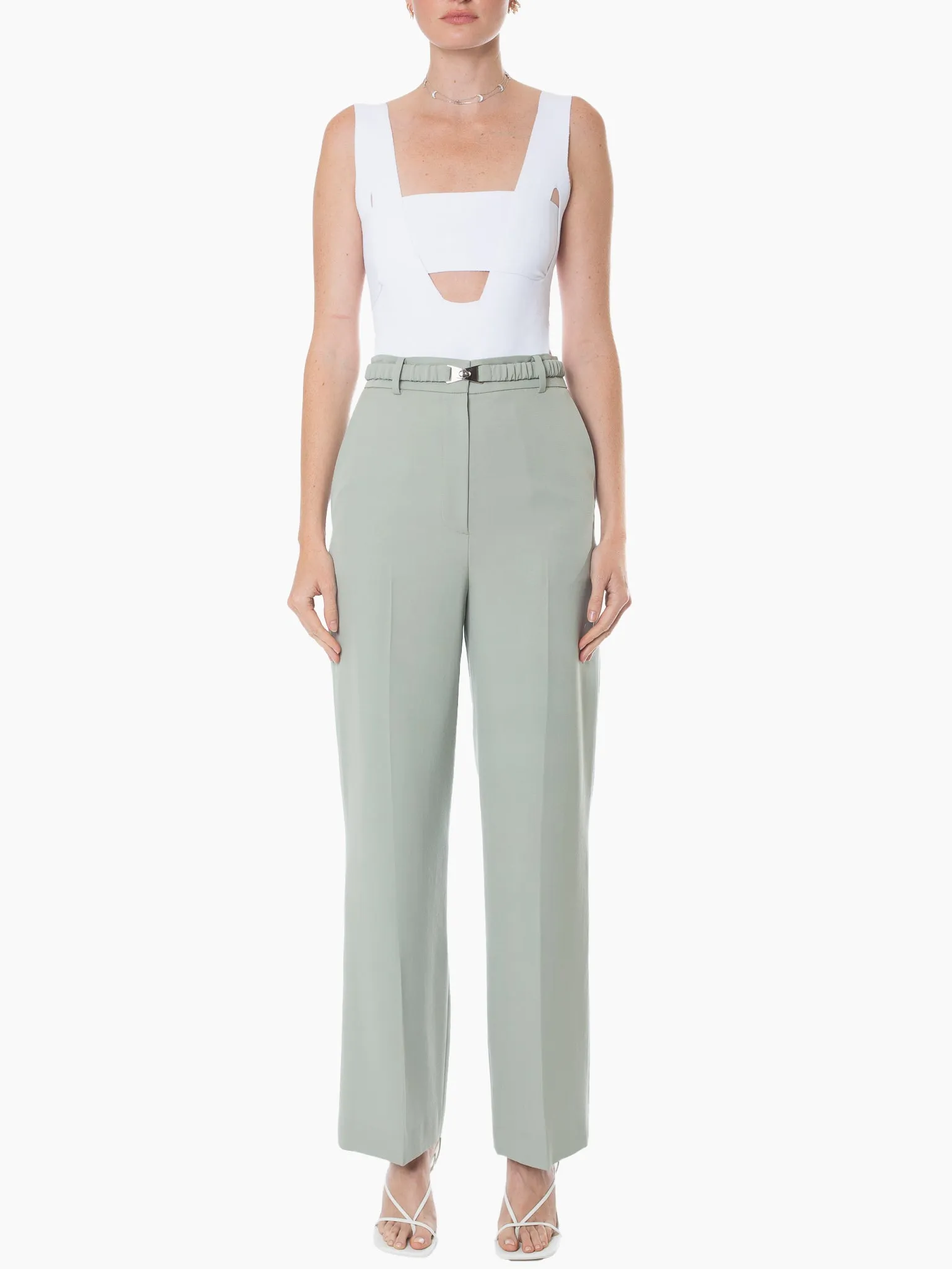 STUDIO J KOO Shirring Belted Wool-Blend Trouser