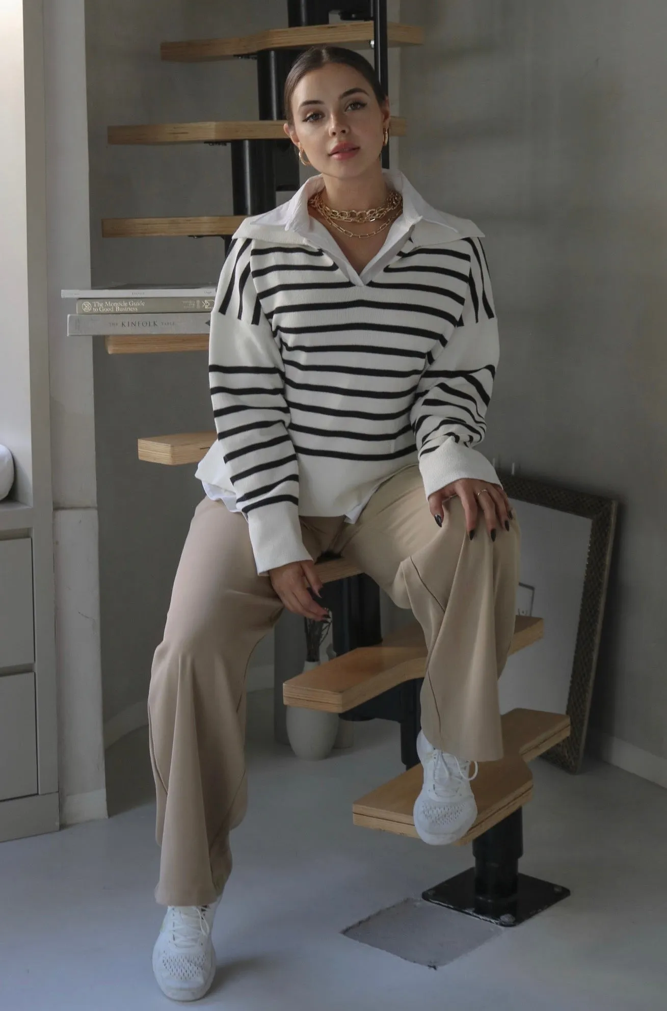 'Yale' Classic Striped LS Sweater in Black and Ivory