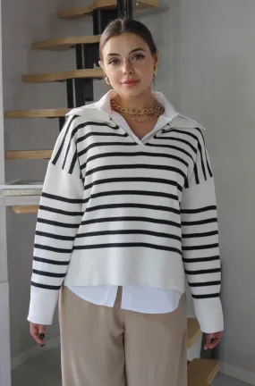 'Yale' Classic Striped LS Sweater in Black and Ivory