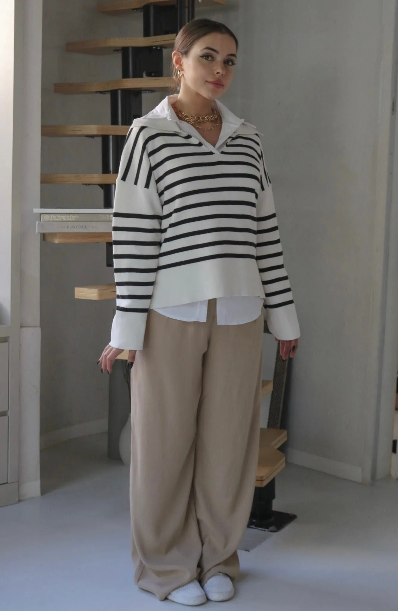 'Yale' Classic Striped LS Sweater in Black and Ivory