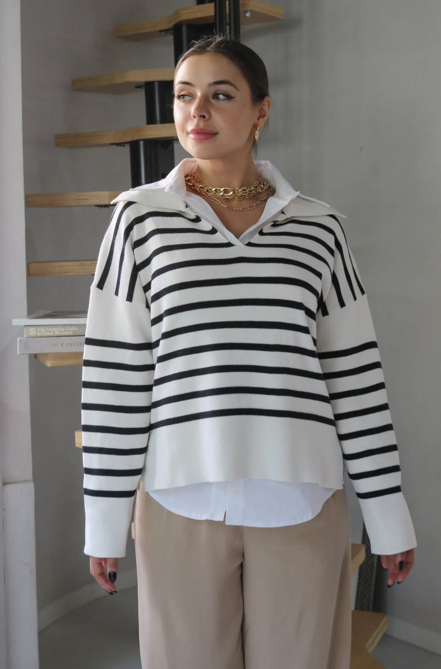 'Yale' Classic Striped LS Sweater in Black and Ivory